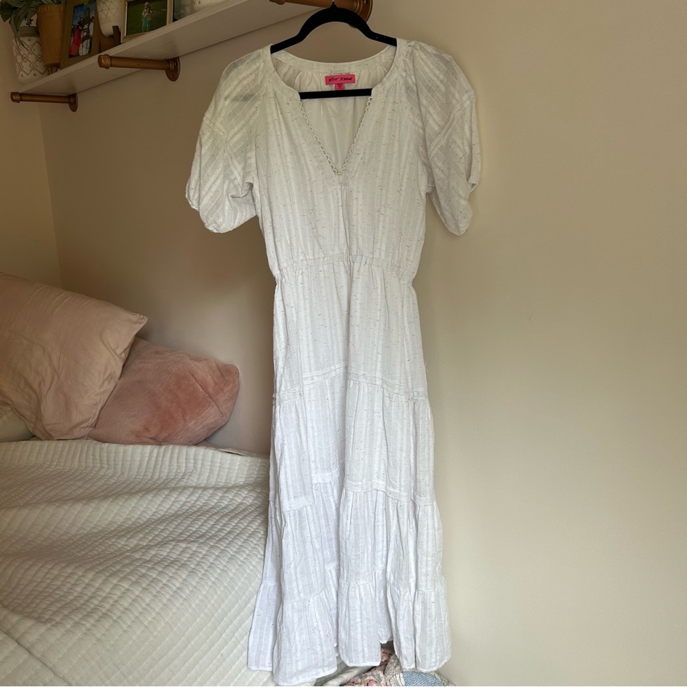 Betsey Johnson Spectator White Maxi Dress Sz XS Puff Sleeves w/colorful Speckles